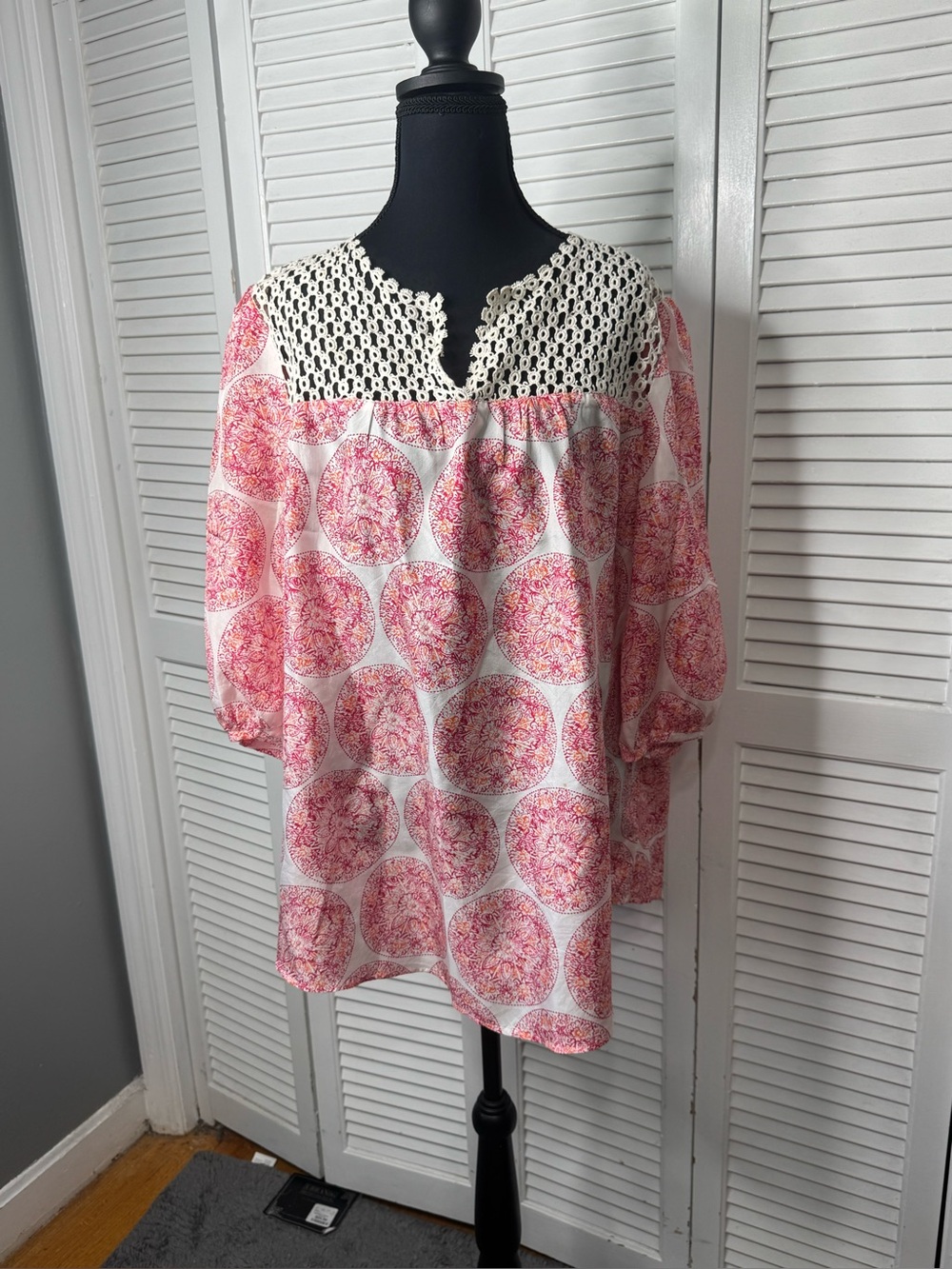 Calypso St. Barth Target Pink and Cream Crochet Yoke Silk Tunic Blouse Size XL
